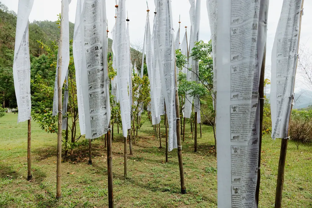 Tall white prayer flags printed with scripture standing on poles in a green meadow